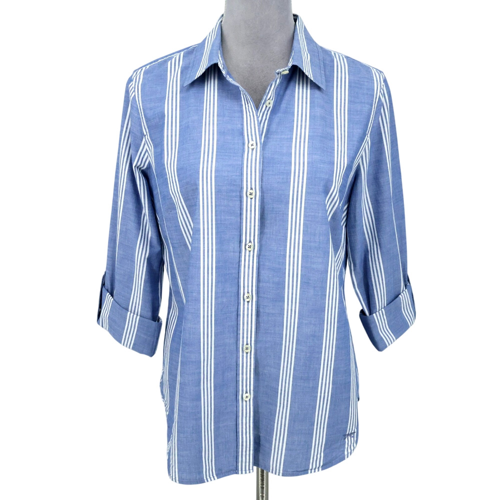 Talbots Top Womens 10 Blue White Stripe Cotton Blouse Roll Tab Sleeve Career
